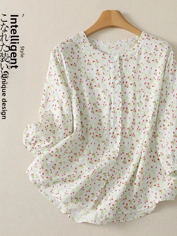 

Lazy Small Flower Cotton Short Sleeve round Neck Design Sense Top Shirt Women's Fashion Summer Casual Straight Cut Shirt