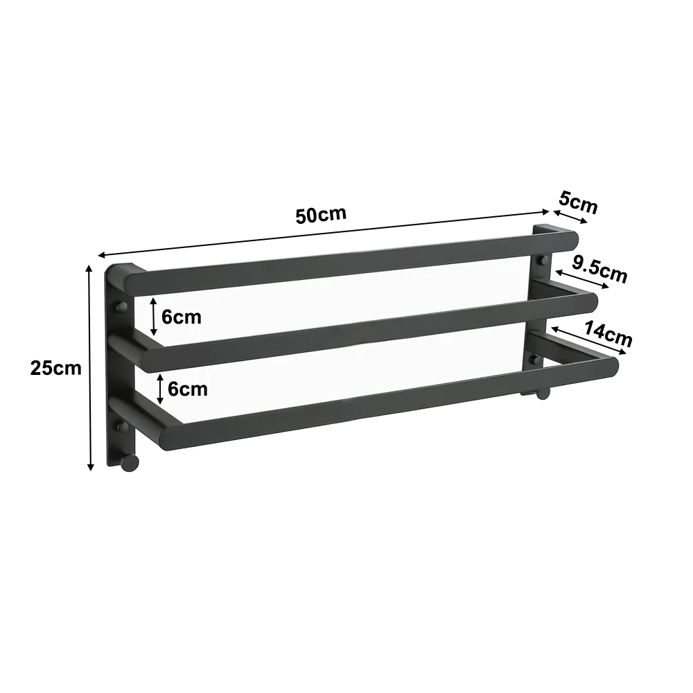 블랙 3 층 욕실 수건 랙 벽걸이 주방 수건 보관 선반, 3 레일 샤워 목욕 수건 행어 거치대 50cm