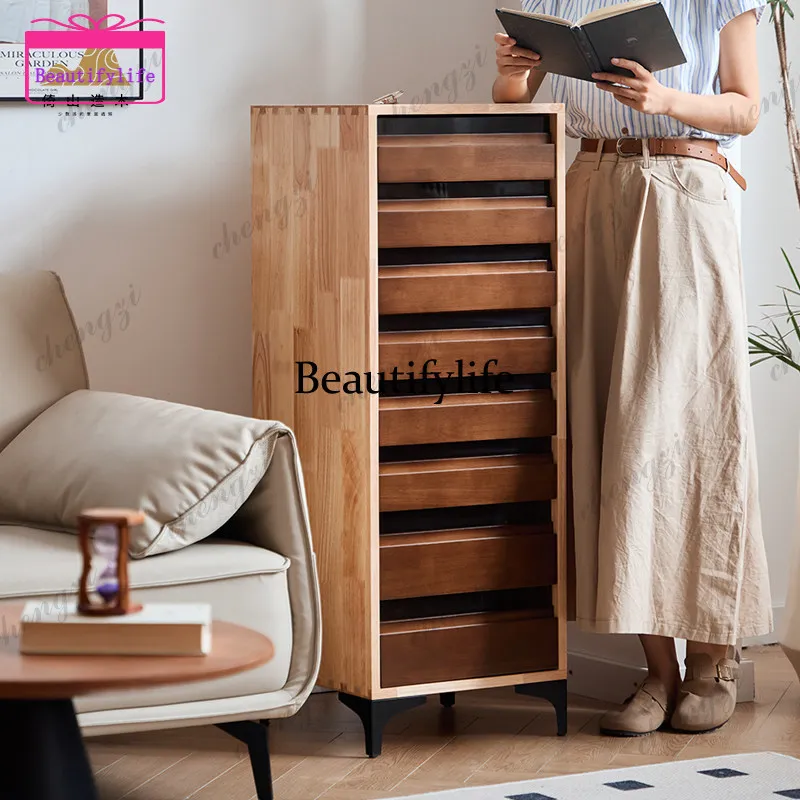 A55 Solid wood chest narrow side drawer cabinet bedroom storage cabinet, retro multi-layer locker mobile
