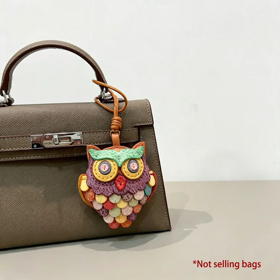 Cowhide Handmade Owl Bag Charm Pendant Sheepskin Keyring Hanging Ornament Backpack Handbag Schoolbag Purse Decoration