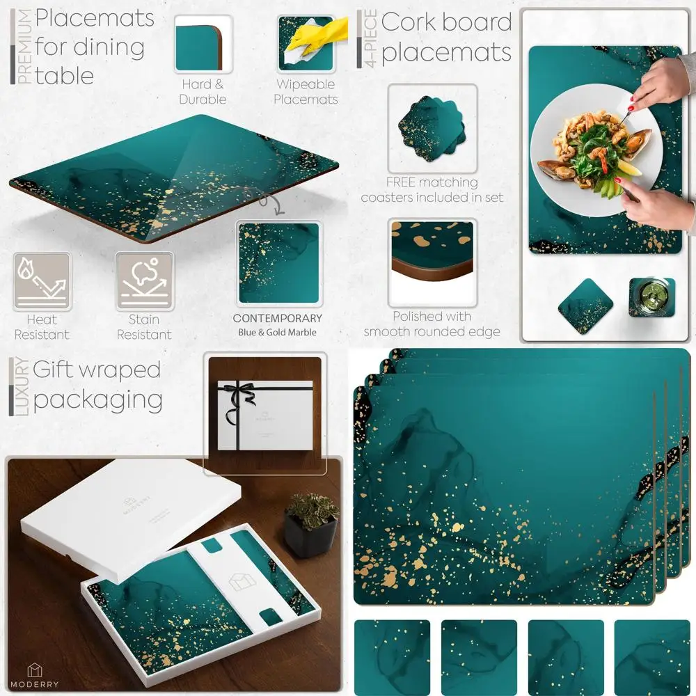 

Heat Resistant Cork Placemats Set of 4 with Matching Coasters, Deep Green and Gold Design, 16x12 Inches