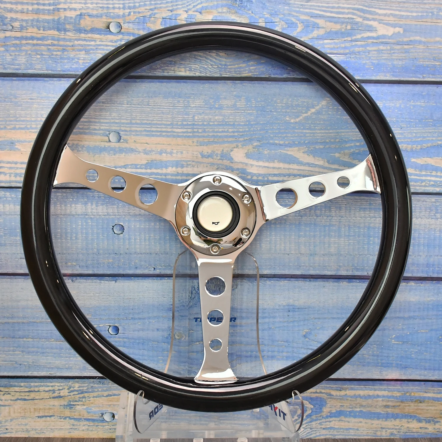 Black Solid Wood Steering Wheel 380mm 15 Inch with Electroplated Bracket for Car Interior Decorative Spoke Style