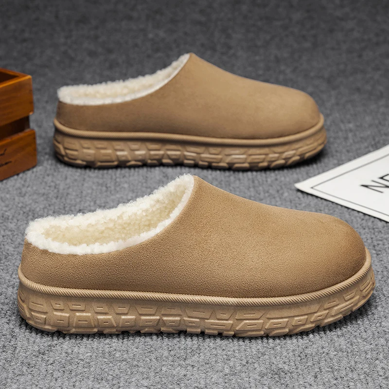 Winter Men Warm Fleece Lined Closed Toe Slippers Slip‑on Winter Backless Snow Boots Mules Platform Cotton Casual Shoes Household
