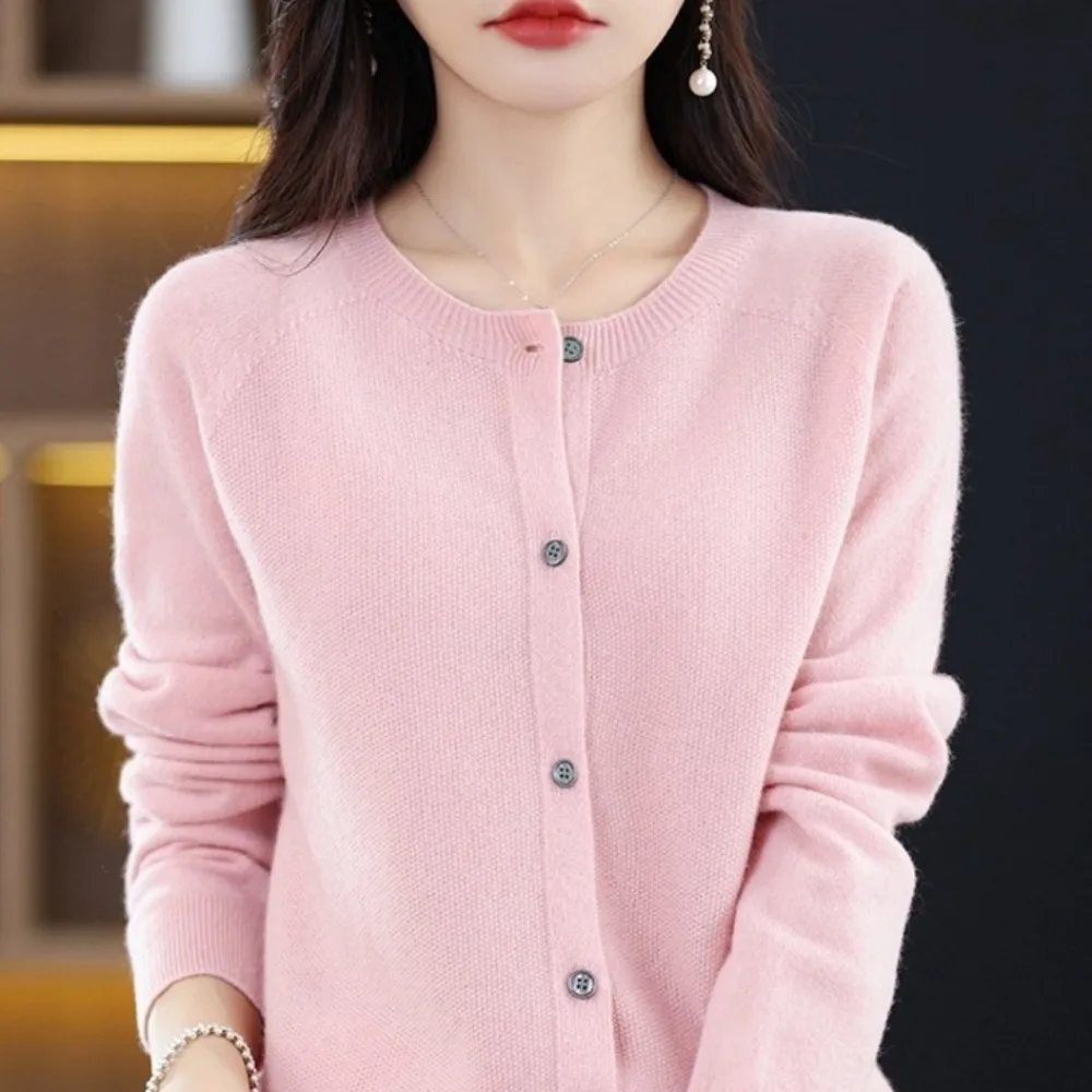 Loose Basic Knitted Cardigan Solid Color Pure Color Long Sleeve Sweater Crew Neck Single Breasted Pullover Tops Spring Autumn