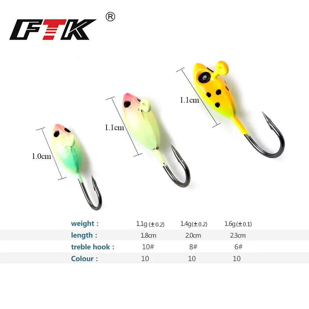 FTK 5PCS/Lot Winter Ice Fishing Hook Lure Mini Metal Bait Fish 1.1g 1.4g 1.6g Lead Head Hook Bait Jigging Fishing Accessories