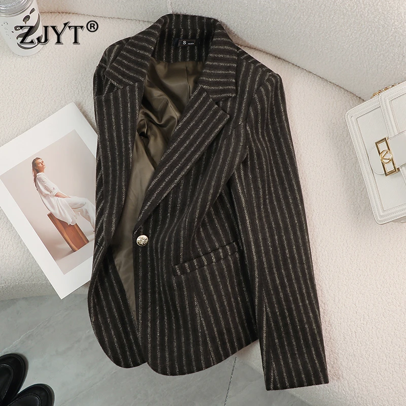 

ZJYT Autumn Woolen Jackets for Women Winter Coats Long Sleeve Striped Vintage Thick Outerwears Elegant Jaqueta Feminina 2024 New