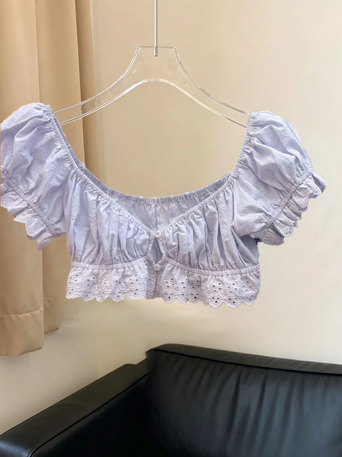 Kimminte Square Collar Bubble Sleeve Short Shirt Women's Summer Floral Embroidery Ultra-Short Design Sensation Cover up