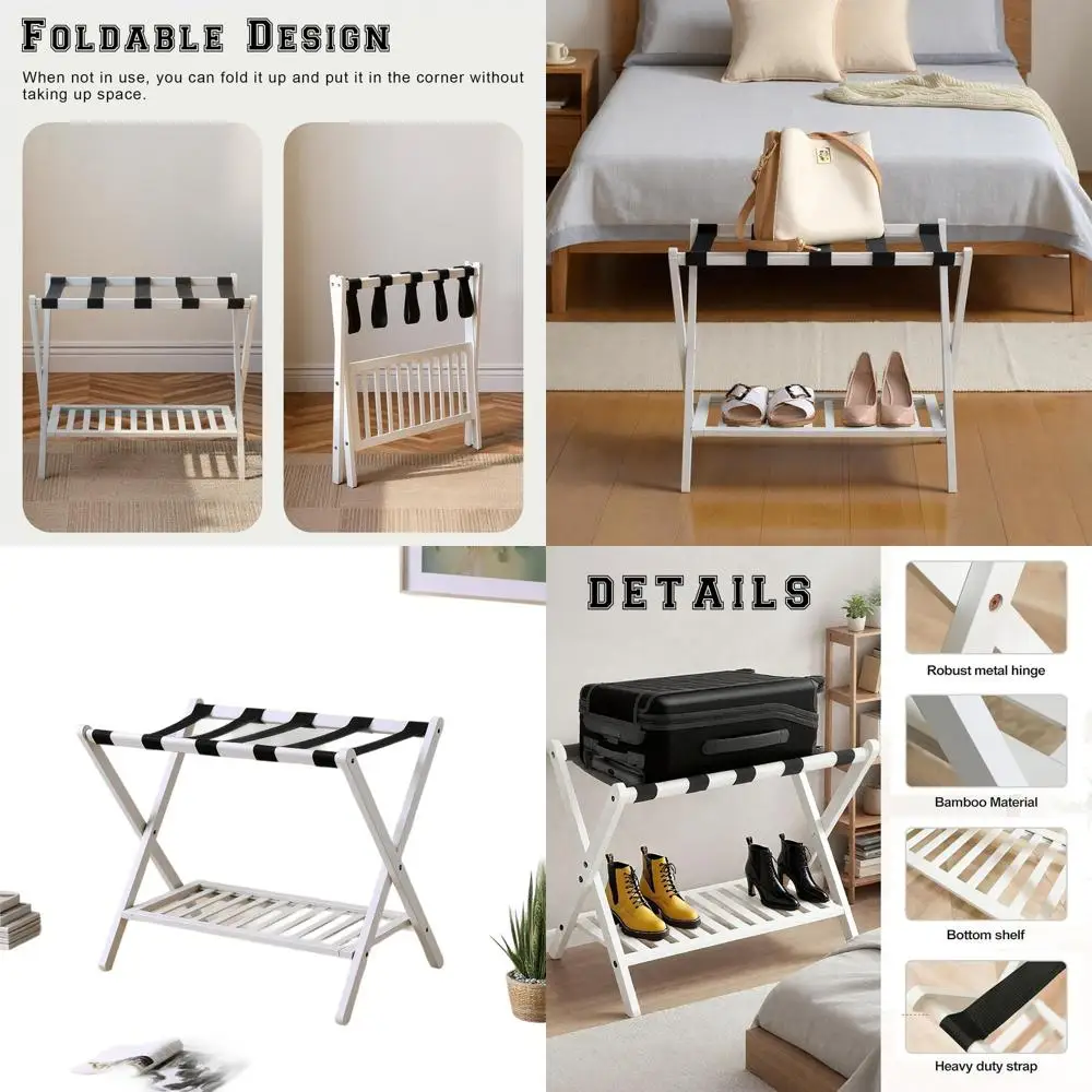 Porta valigia pieghevole in bambù con ripiano per scarpe e 5 cinghie per stanze degli ospiti, soggiorni e hotel - Bianco