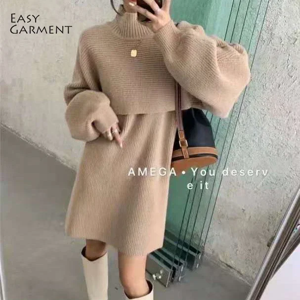 EasyGarment Spring Autumn  New Korean Style Sexy Women's Mid-Length Lazy Knitted Sweater 2 Piece Set Long Sleeve Vest Dress