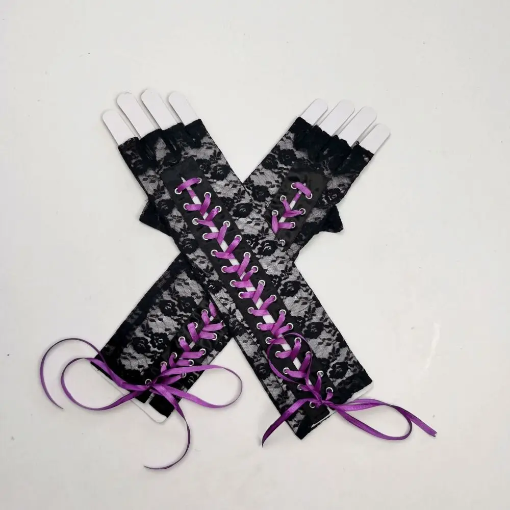Elastic Lace Strap Gloves Long Gloves Lolita Cloth Ribbon Half Finger Gloves Sun Protection Elbow Long Women Gloves Prom Dress