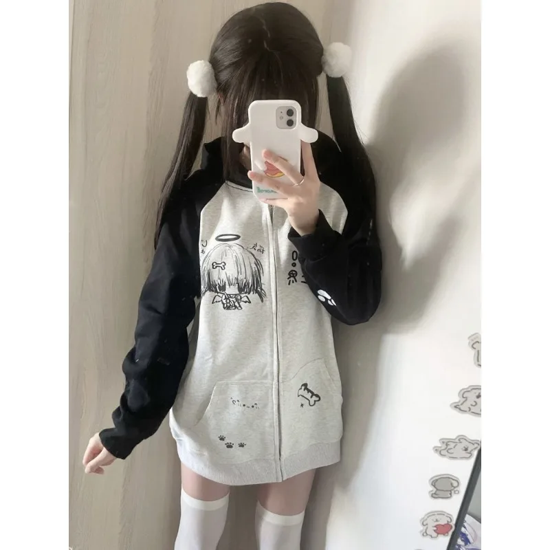 

Куртка-кардиган с капюшоном, повседневные свободные винтажные топы Y2k, серые вязаные пальто, серый свитер на молнии, женский осень 2024, с длинным рукавом