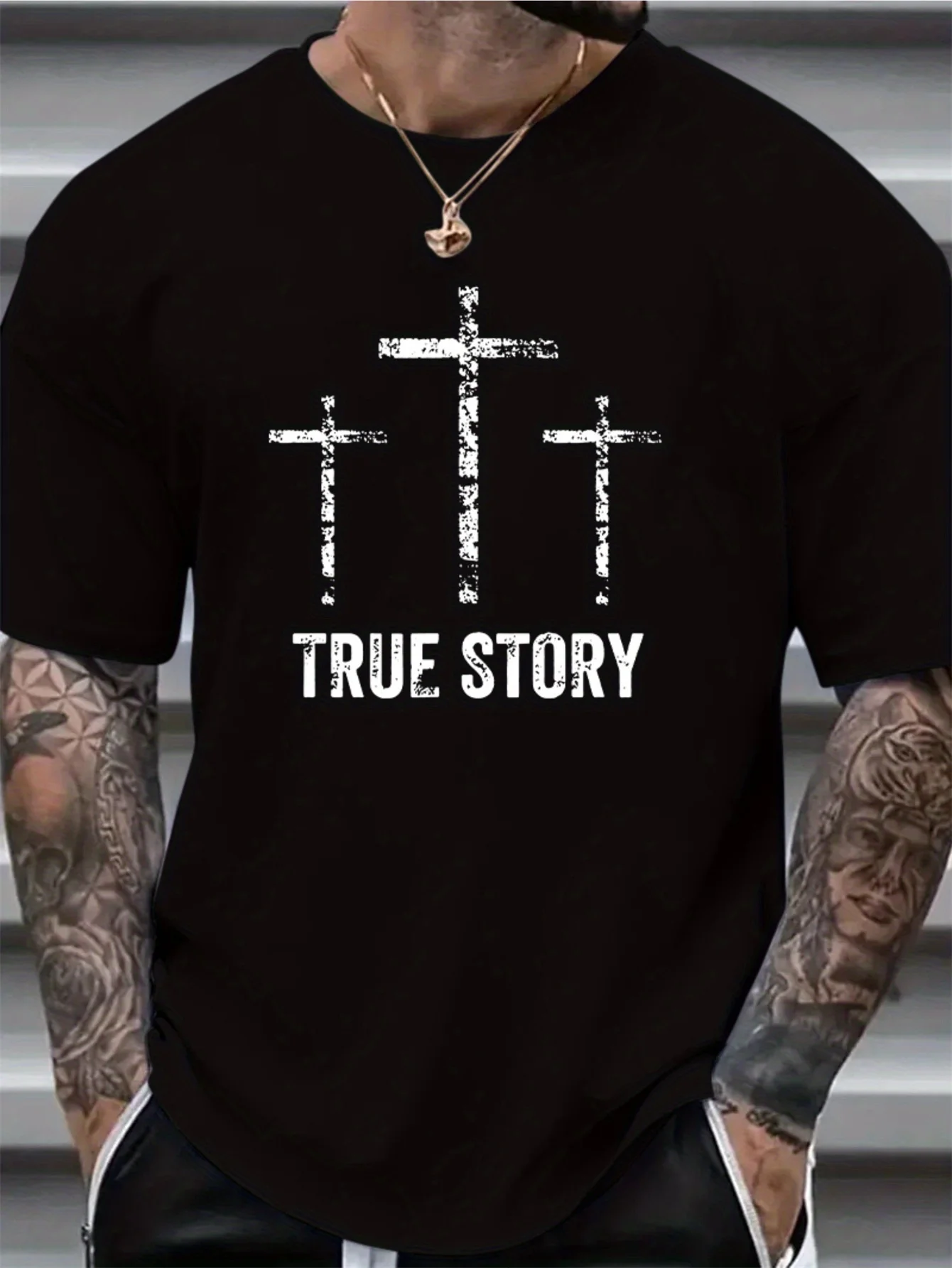 

Men's TRUE STORY Cross Graphic T-Shirt - Casual Short Sleeve Cotton Tee, Black with White Print, Loose Fit Round Neck Design