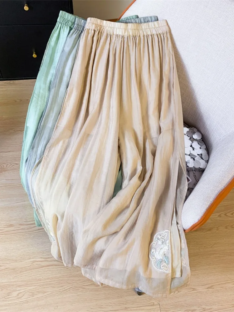 Ele High-Waist Embroidered Double-Layer Lyocell Cotton Linen Wide Leg Pants Women Summer Thin Hanging Fairy Split Nine-Pi...