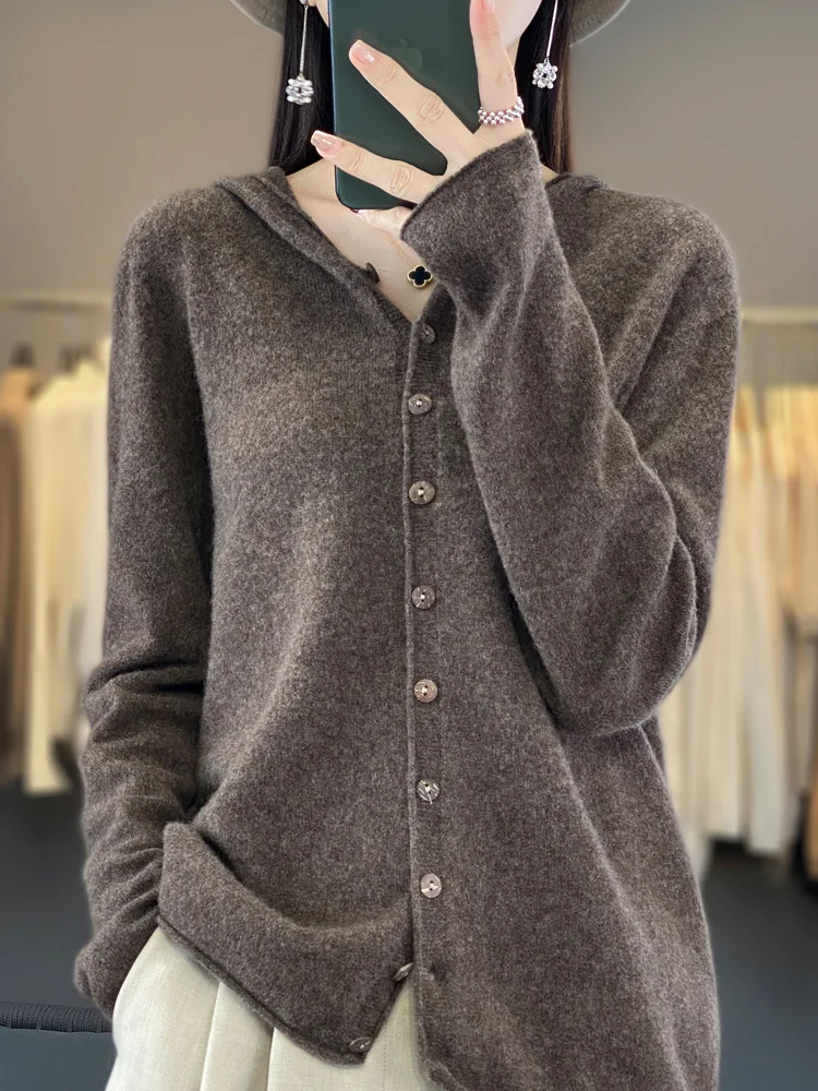 Female 100% Merino Wool Sweater Women Cashmere Cardigan Knitwear Loose Hoodie Clothing Aliselect Spring Autumn Comfort Tops