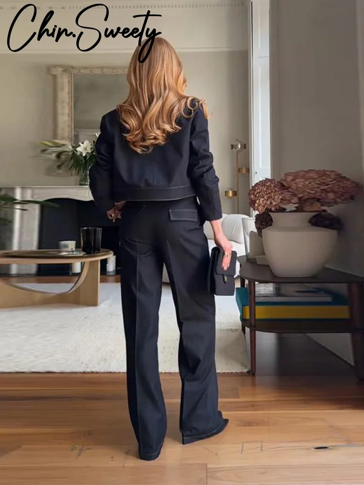 

Уличная джинсовая куртка, брюки, женский комплект, элегантное пальто с лацканами и длинными рукавами, карманами на пуговицах, широкие брюки, осенний женский наряд 2025 г.