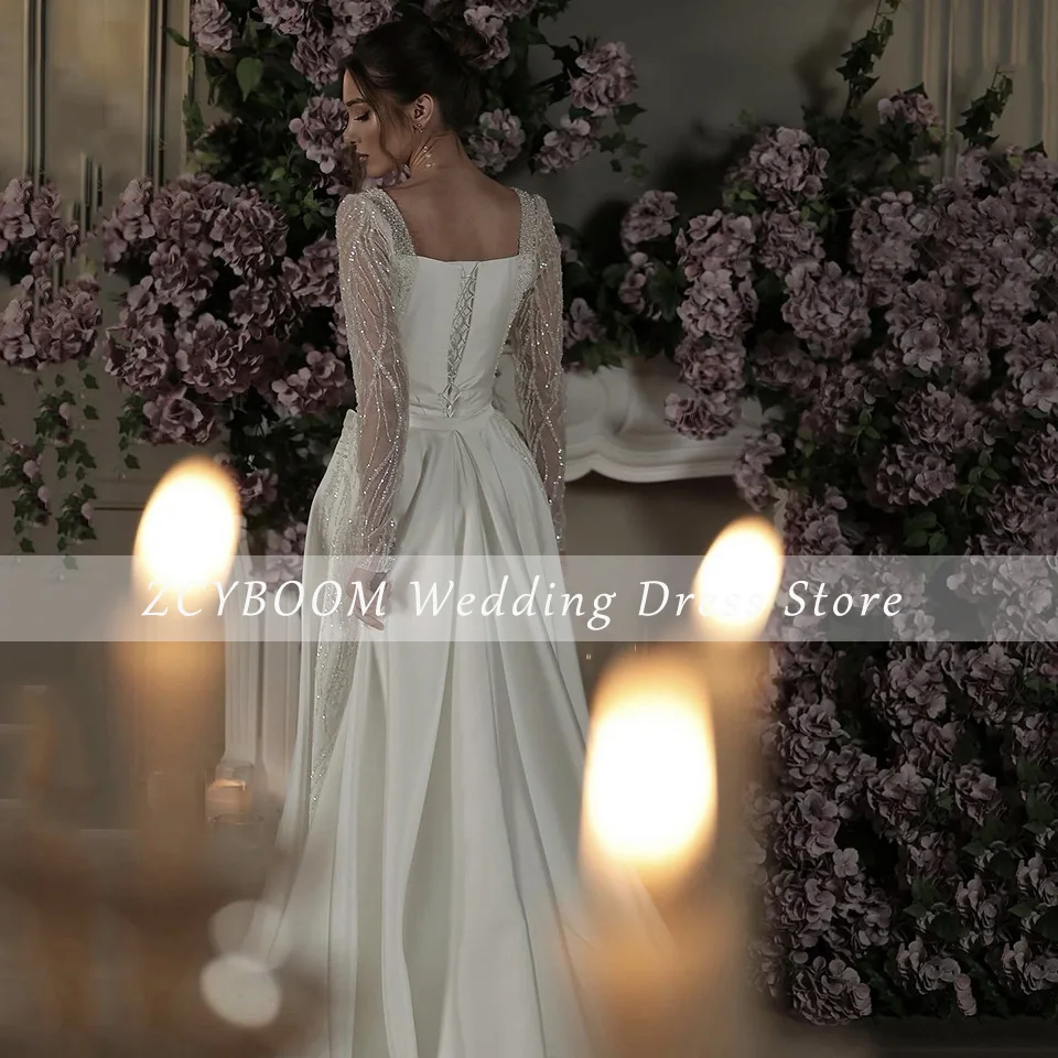 Robe de mariée sirène blanche personnalisée, col carré, paillettes, manches longues, longueur au sol, traîne de balayage, robe de mariée à lacets, 2025