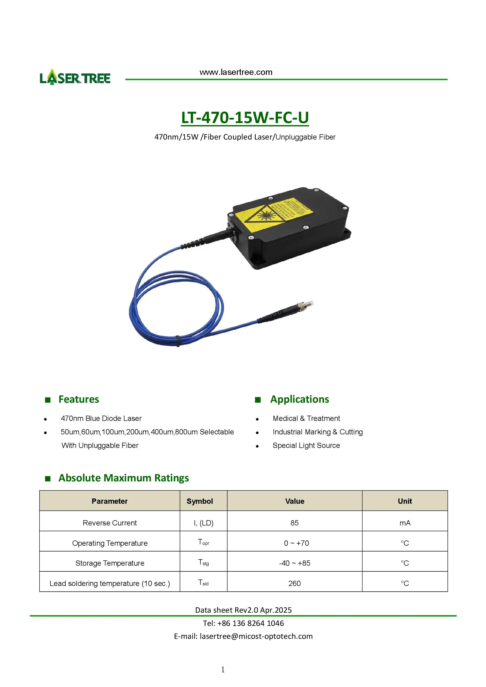 شجرة ليزر 470 نانومتر 15 وات ليزر مقترن من الألياف 50um 60um 100um 200um 400um 800um ليزر ديود أزرق من الألياف