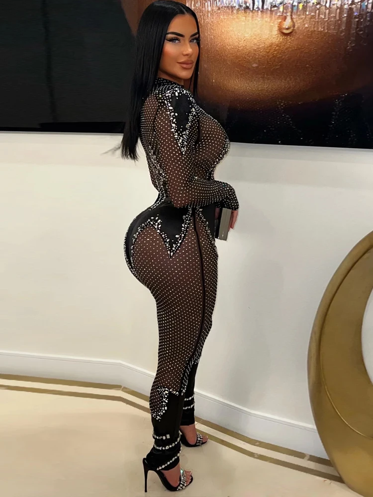 Beyprern Beautiful Black Mesh Patchwork Crystal Jumpsuit Glam Women's Rhinestones Mesh Rompers Birthday Outfits Sexy Clubwear