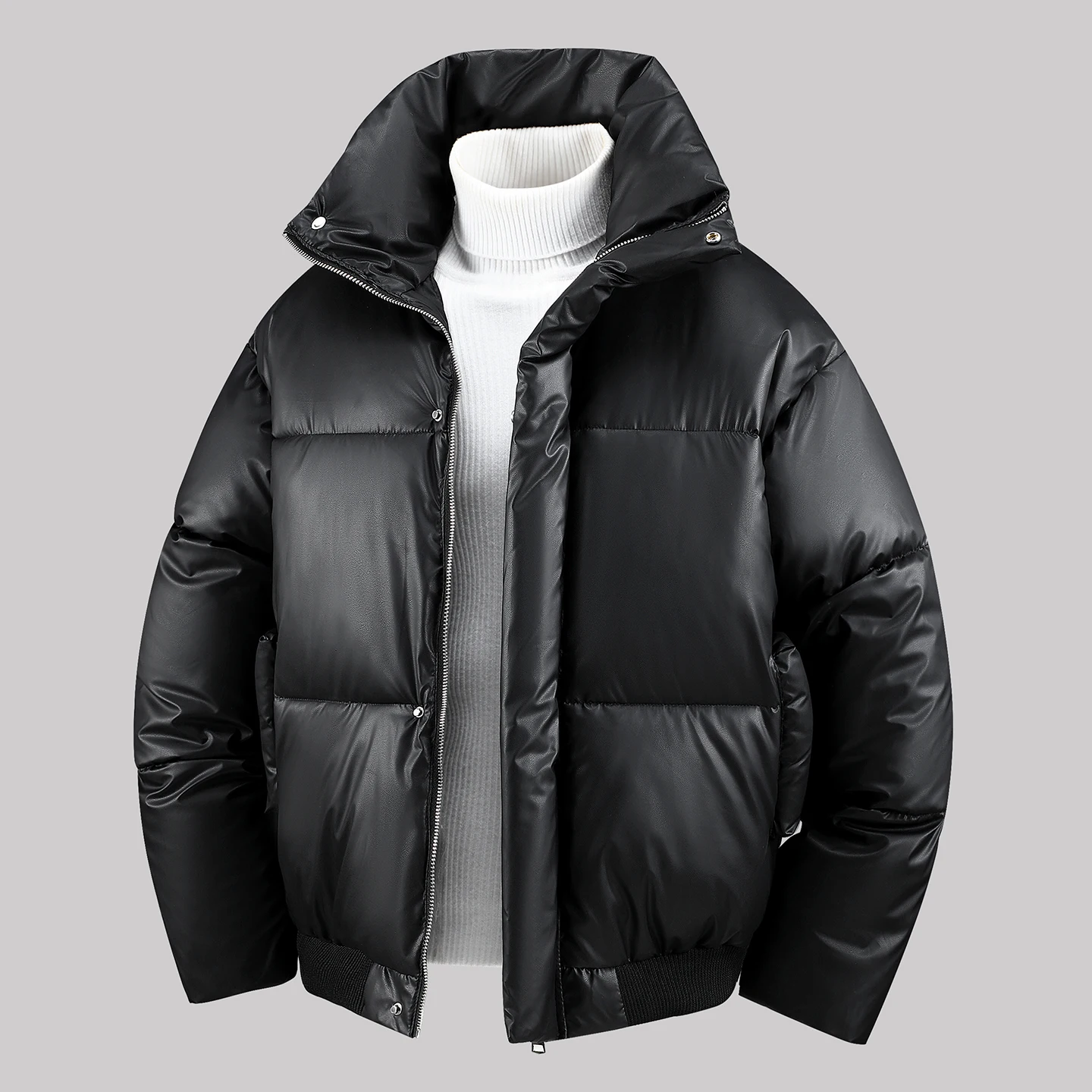 

New Men's Thiened Cotton Jaet PU Leather Warm Faionable All-Match Autumn Winter Coat Youth ular Long Sve Zipper C...