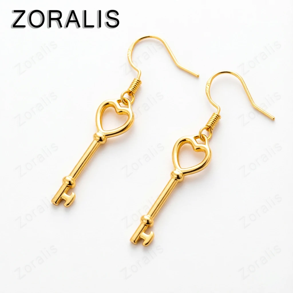

New Style 18K Gold Heart Key Drop Earrings Fashion Pretty Jewelry For Women Girl Holiday Wedding Christmas Cute Gifts