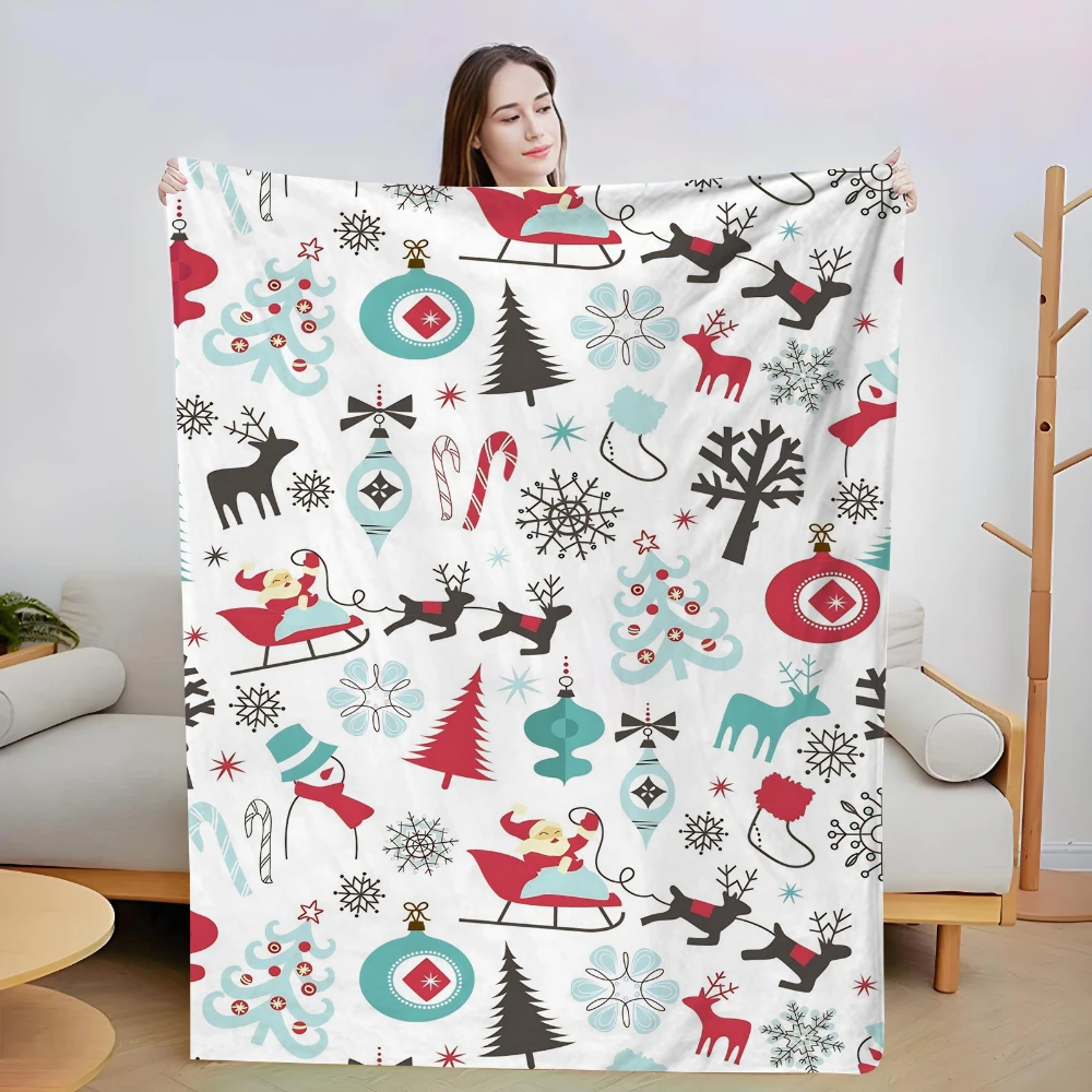 Cartoon Xmas Tree Sleigh Candy Cane Throw Blanket,Living Room Sofa Daily Use Birthday Anniversary Winter Family Tribute