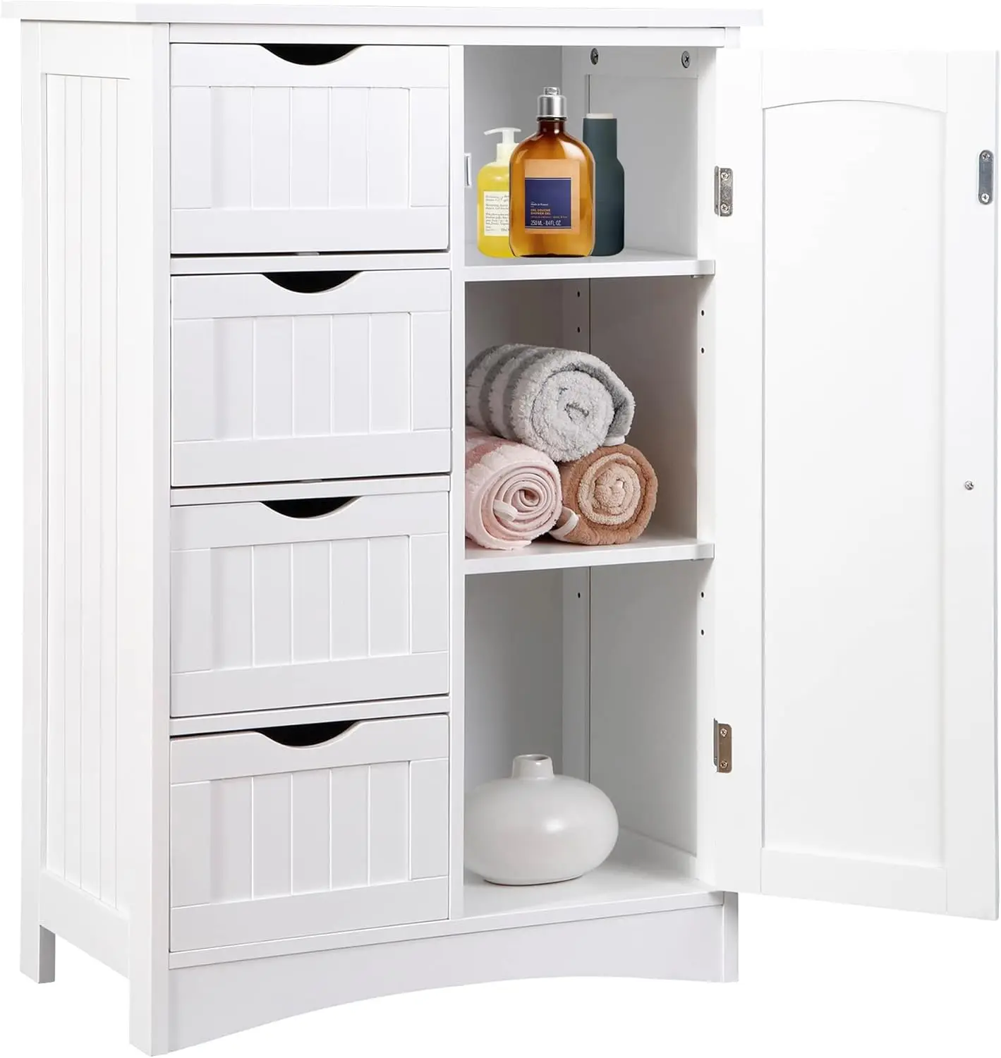 

Bathroom Floor Storage Cabinet, Freestanding Side Organizer Cabinet With 4 Drawers And 1 Cupboard, Entryway Storage Unit