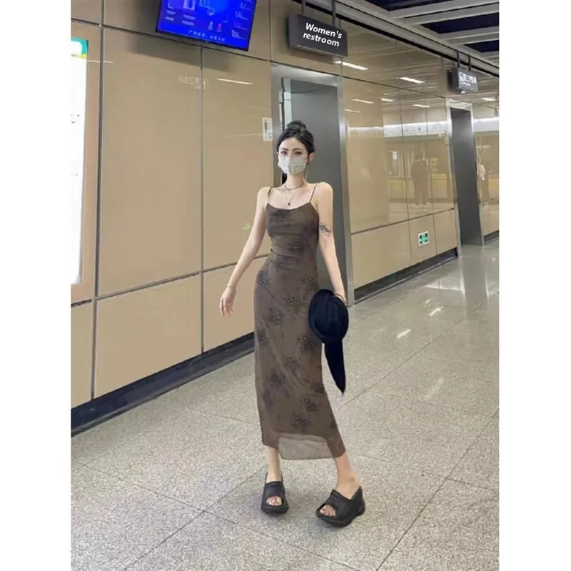 

Retro Chinese Floral Print Strapless Long Dress Women's Summer Design High Waist Sexy Netting Skirt Bodycon Gown Citywalk