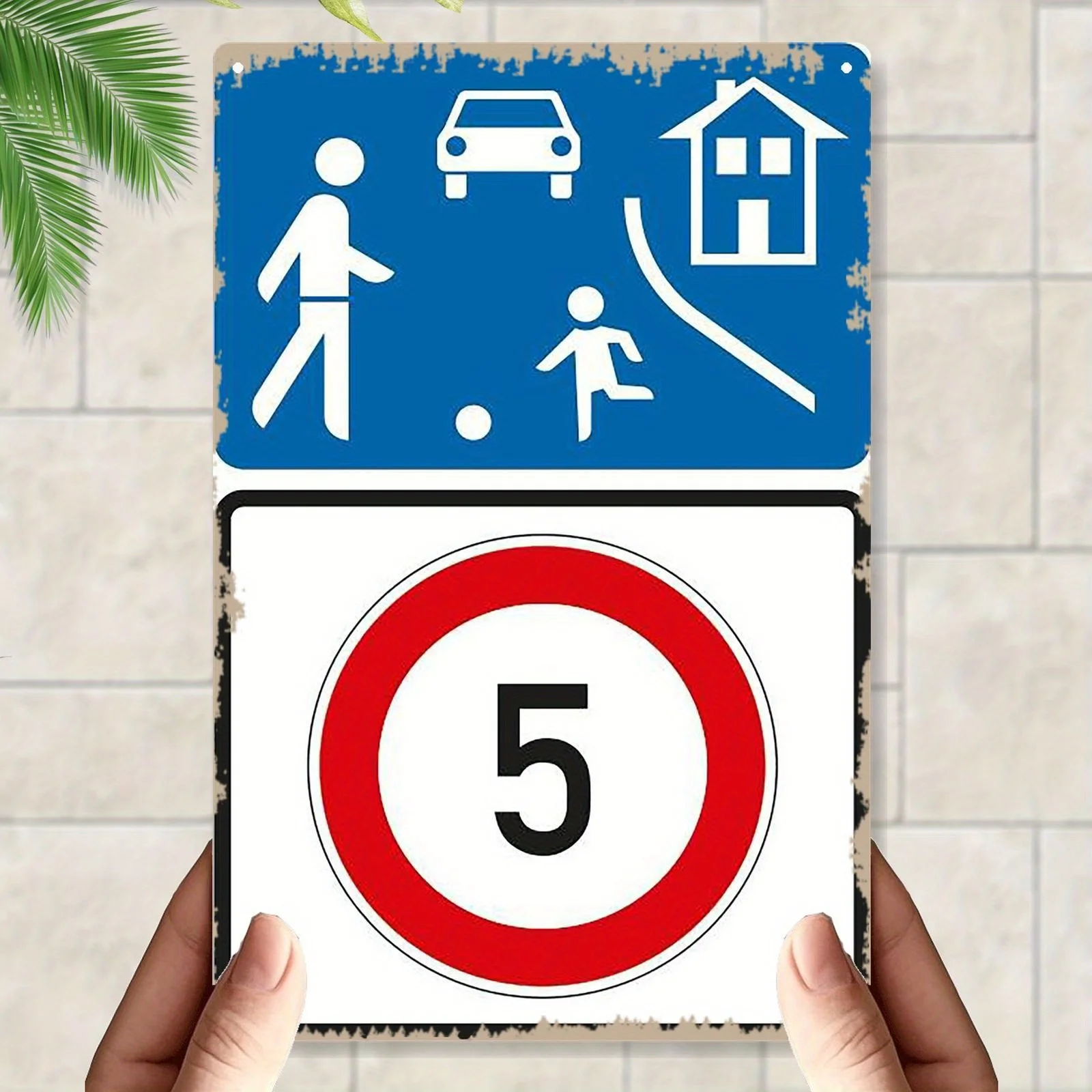 2D Vintage Metal Sign Speed Limit 5km/h Pedestrian Crossing Warning Plate, Retro Wall Decor for Home Office Bar Indoor
