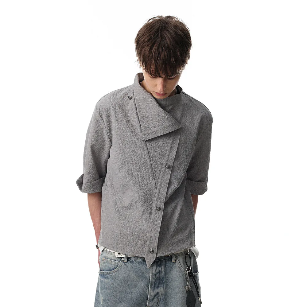

Personality Short Sleeve T-shirt For Man Asymmetrical Button Splicing Design Pure Color Stand Collar Summer Fashion Shirts