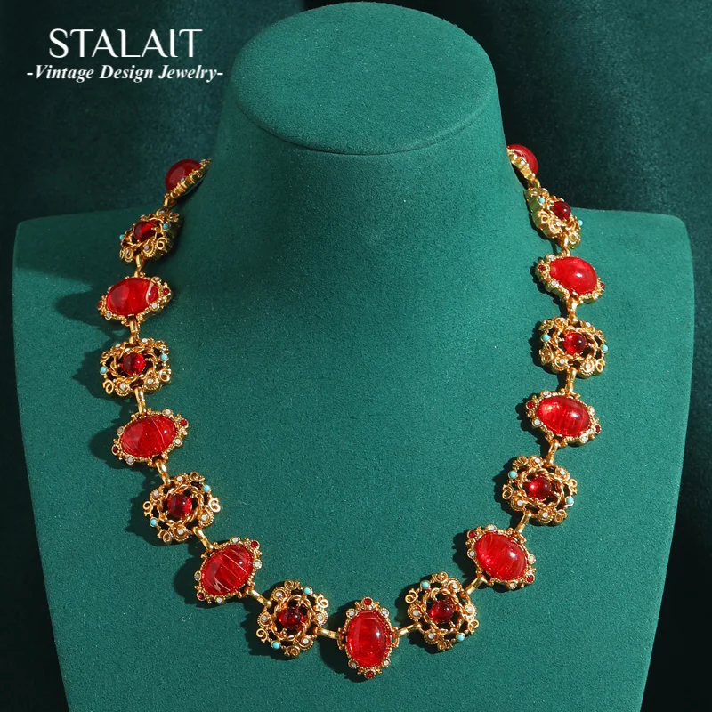 

Vintage Red Natural Stones Necklace Choker Square Collar Gothic For Woman Round Oval Jewelry Antique Gold Color Accessories 2025