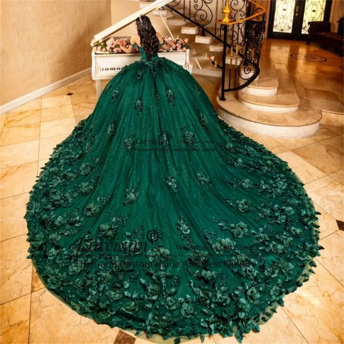 Green Glitter Quinceanera Dresses 3D Flower Vestidos de 15 quniceanera Dress Ball Gown Pearls Junior Girls Sweet 16 Party Gown