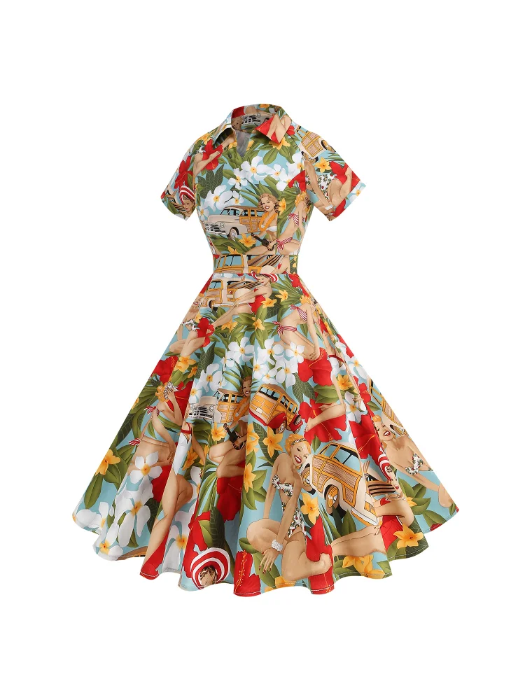 Années 1950 fille américaine rétro peinture à l'huile imprimé à manches courtes mode animé élégant dame floral danse fête vacances robe de voyage