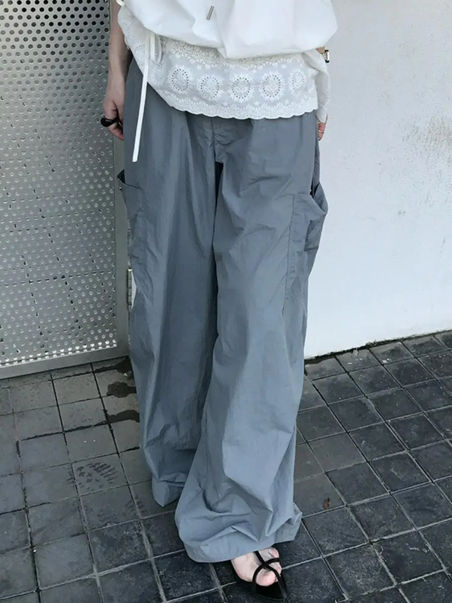 

East Gate High Waist Wide Leg Pants Women's Loose Fit Thin Casual Trousers Straight Cut Long Pants Workwear Style Nylon Fabric
