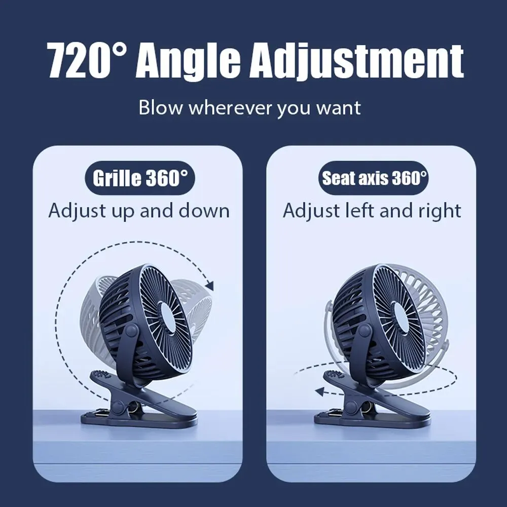 Portable USB Table Fan Clip-on Type 5000/10000mAh Rechargeable Mini Desk Fan 720 Degree Rotation 5 Speeds Adjustable Clip-on Fan