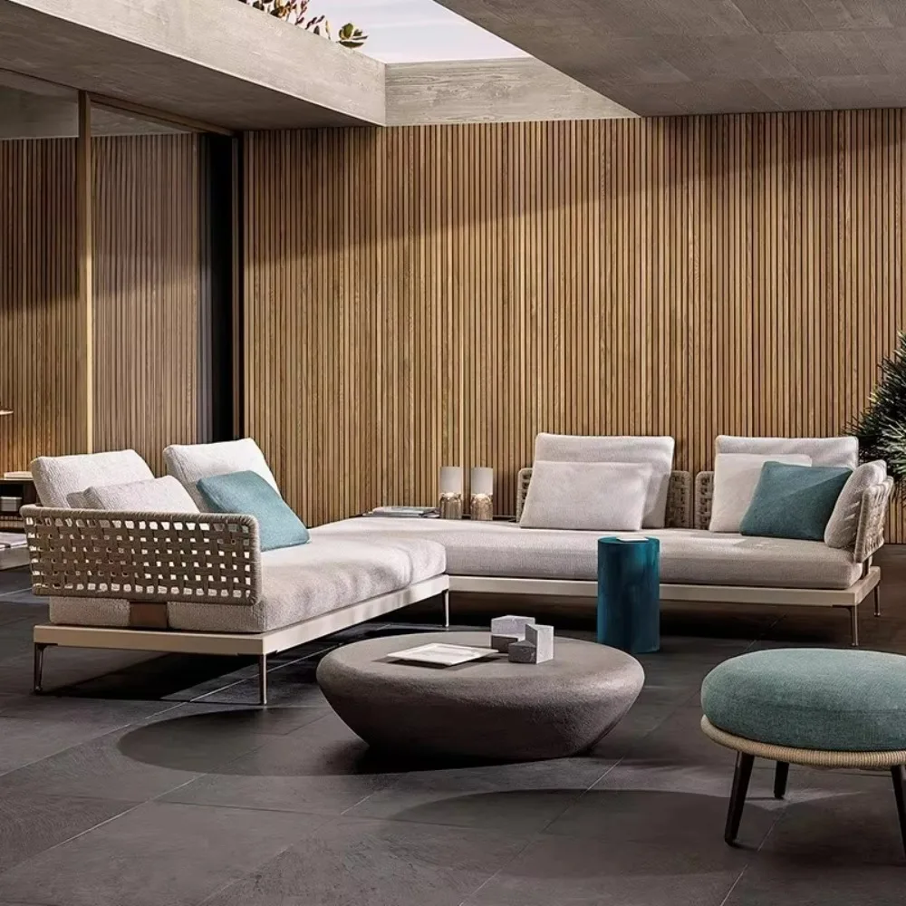 أثاث ألومنيوم فاخر طقم فناء خارجي لجميع الأحوال الجوية أثاث الحدائق طقم أريكة حديقة منسوج يدويًا #3