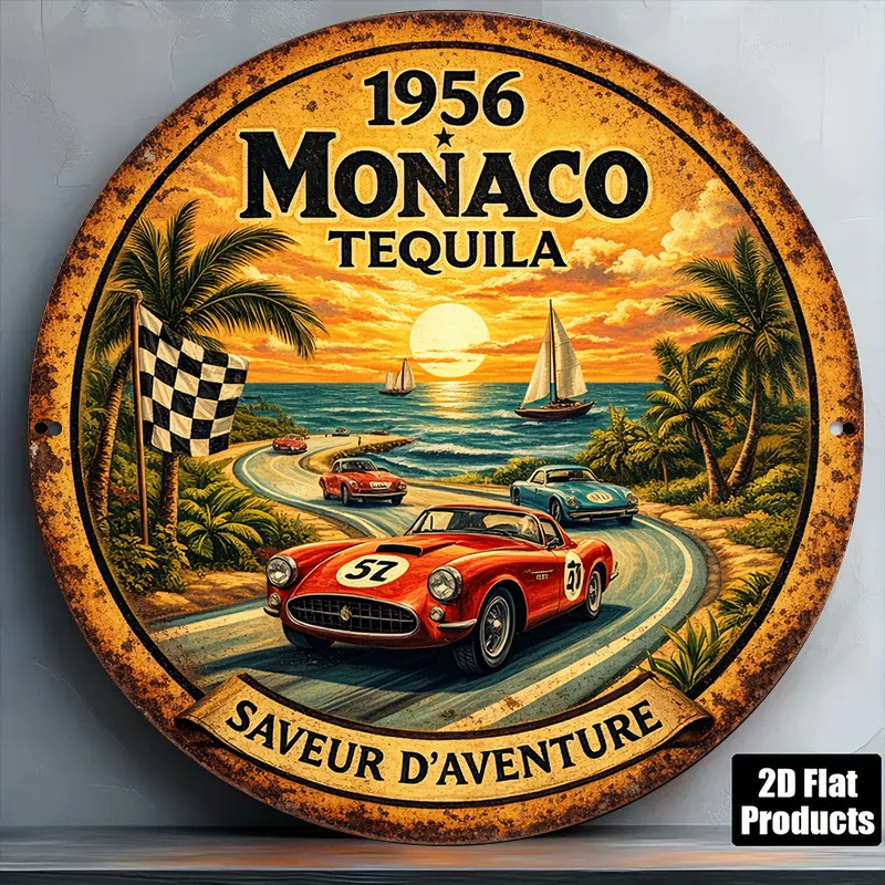 Panneau rond plat 2D, inspiré de la plaque vintage de la course de Monaco de 1956, panneau décoratif de la course de Monaco, adapté pour bar, garage