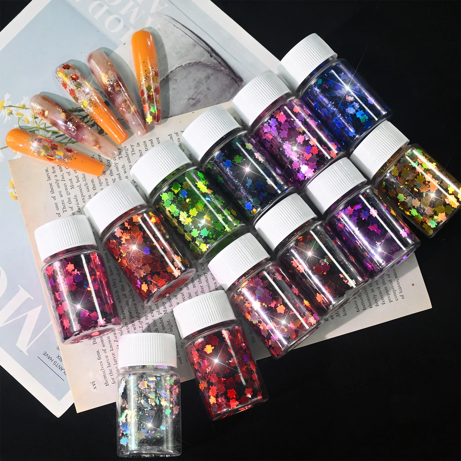 1Set Autumn Maple Leaf Nail Glitter Sequins Laser Shiny Fall Leaves Glitter Flakes for Nail Art Decoration DIY Manicure Supplies