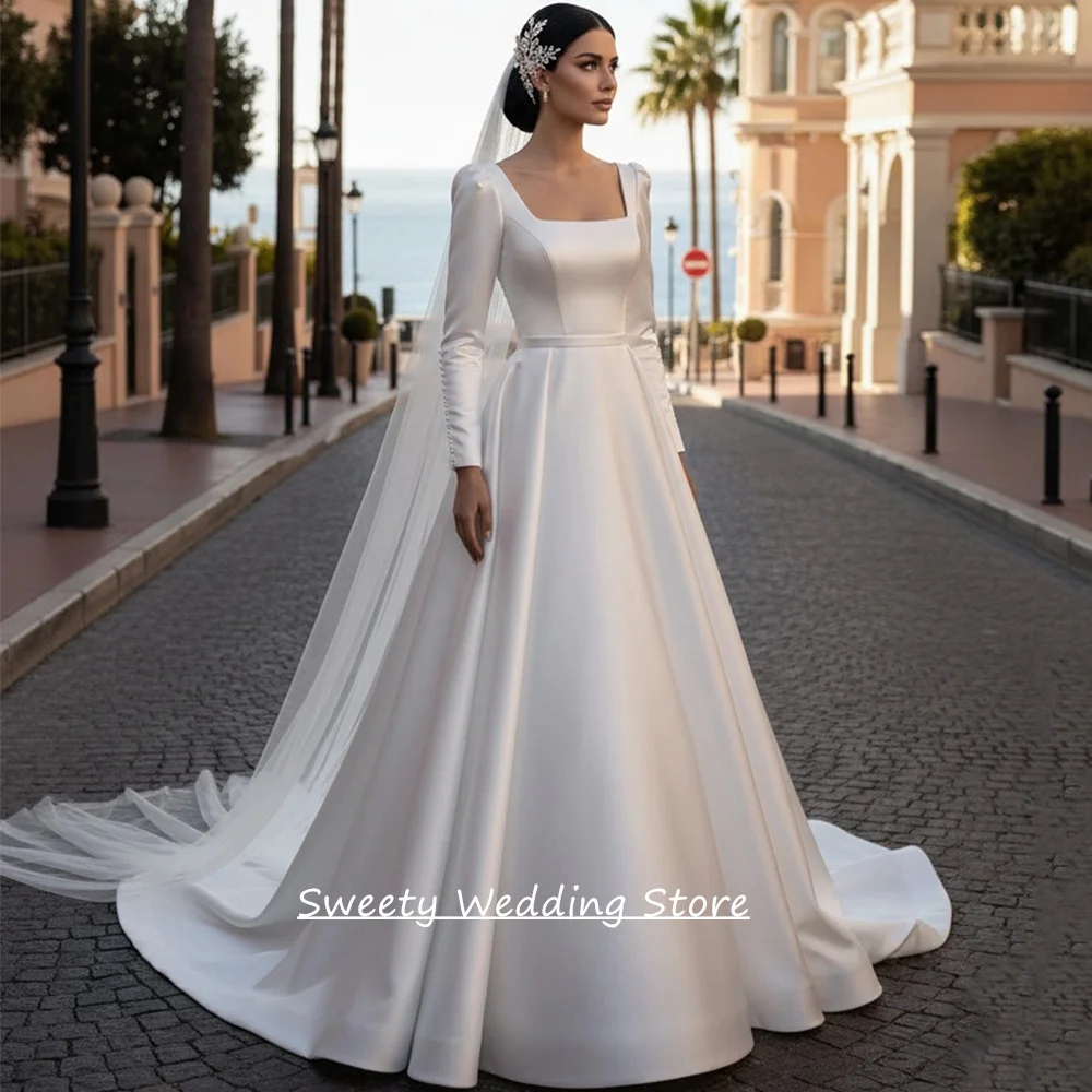 

Современное свадебное платье на заказ с квадратным вырезом, длинными рукавами, шлейфом, простое атласное свадебное платье с пуговицами на спине (Vestido De Noiva)