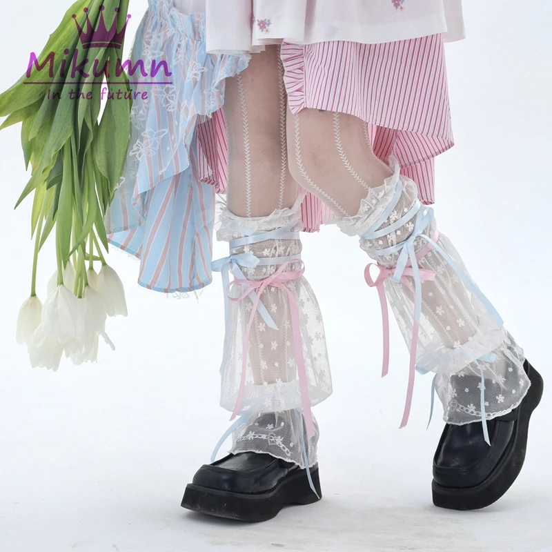 Mikumn Japanese Harajuku Girls Sweet Black White Lace Leg Warmers Socks Lolita Kawaii Blue Pink Ribbon Lace-up Ruffles Leg Cover