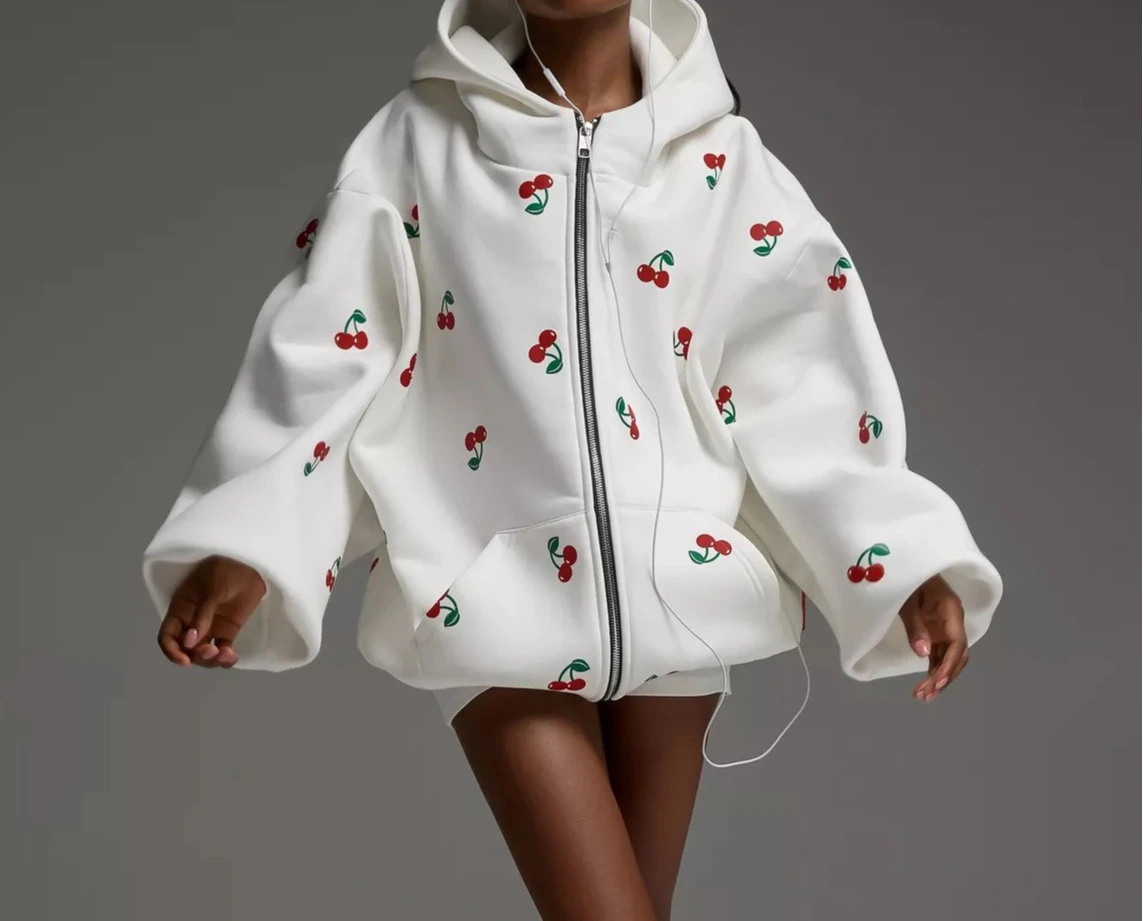 

Cherry Print Sweatshirt Jacket Autumn Women's Street Fashion Loose and Versatile Sports Hoodie Women