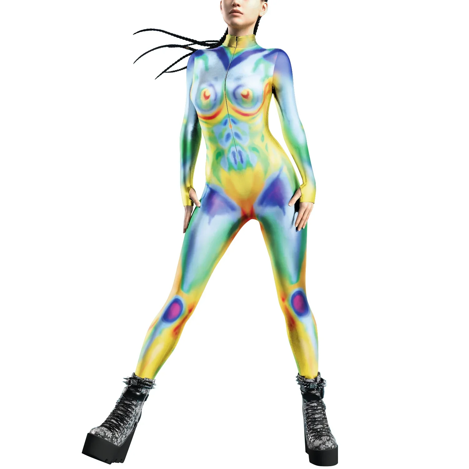 Teanoon Punk Costume for Women Front Zipper Carnival Party Zentai Bodysuit Female Robot Catsuit Purim Cosplay Clothes