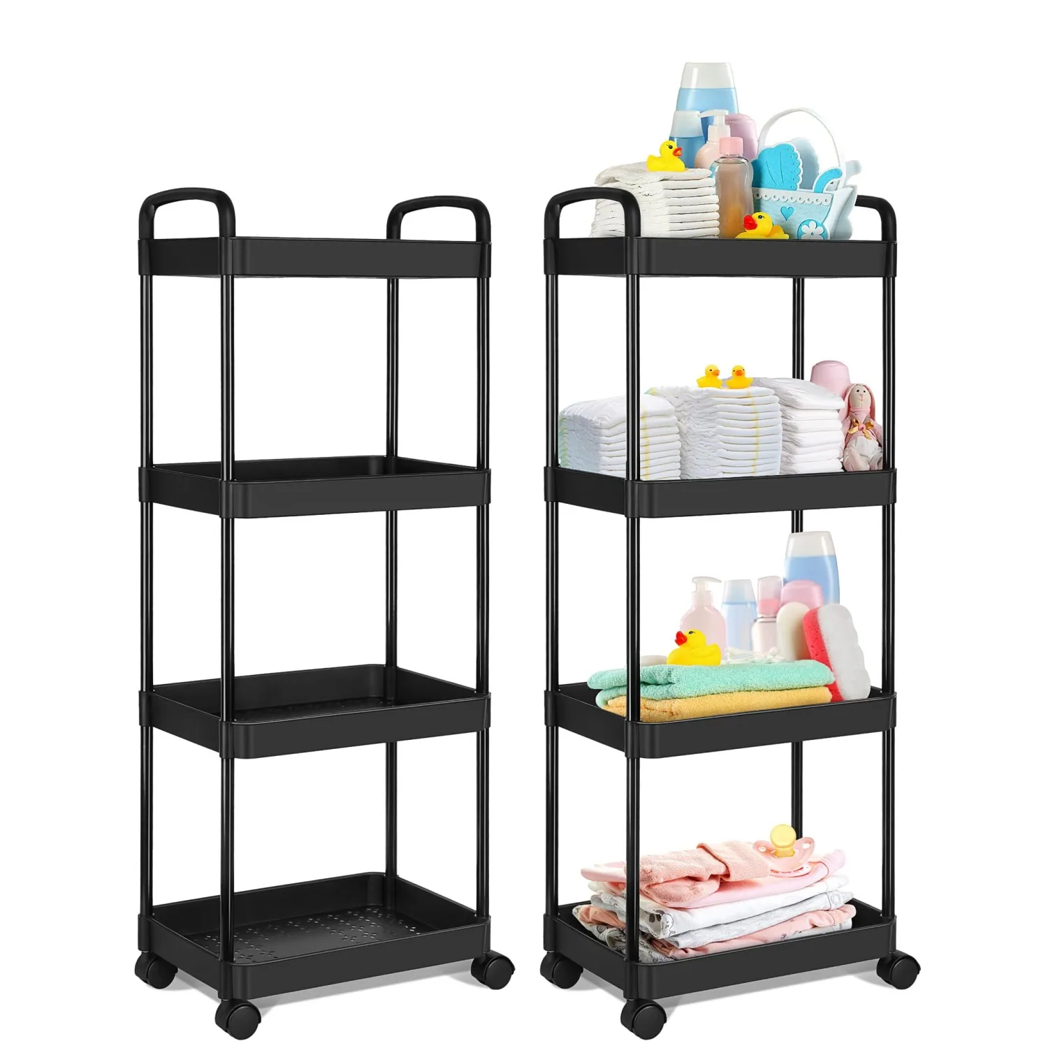 

3/4 Tier Rolling Cart with Wheels, Detachable Utility Storage Cart with Handle and Lockable Casters, Storage Basket Organizer