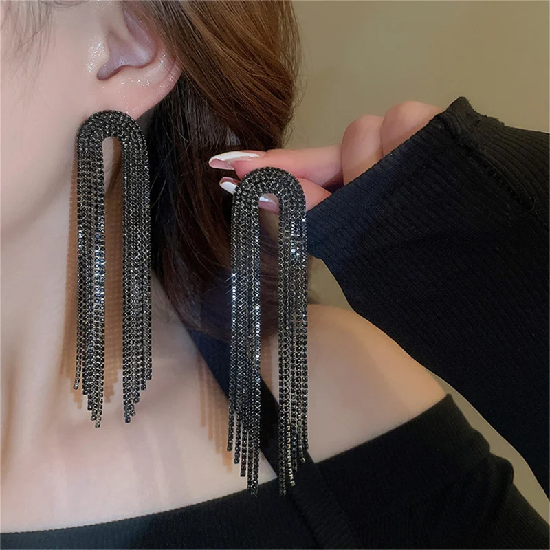 FYUAN Vintage Black Rhinestone Earrings Long Tassel Earrings for Women Party Jewelry