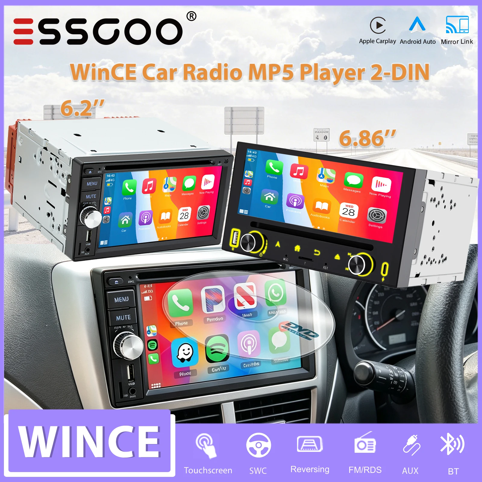 ESSGOO 6,2 Zoll 2 DIN WINCE Autoradio Universal IPS Wireless Carplay Android Auto CD DVD Player AUX FM TF RDS Bluetooth USB MP5 Mirror Link Lenkradsteuerung Touchscreen