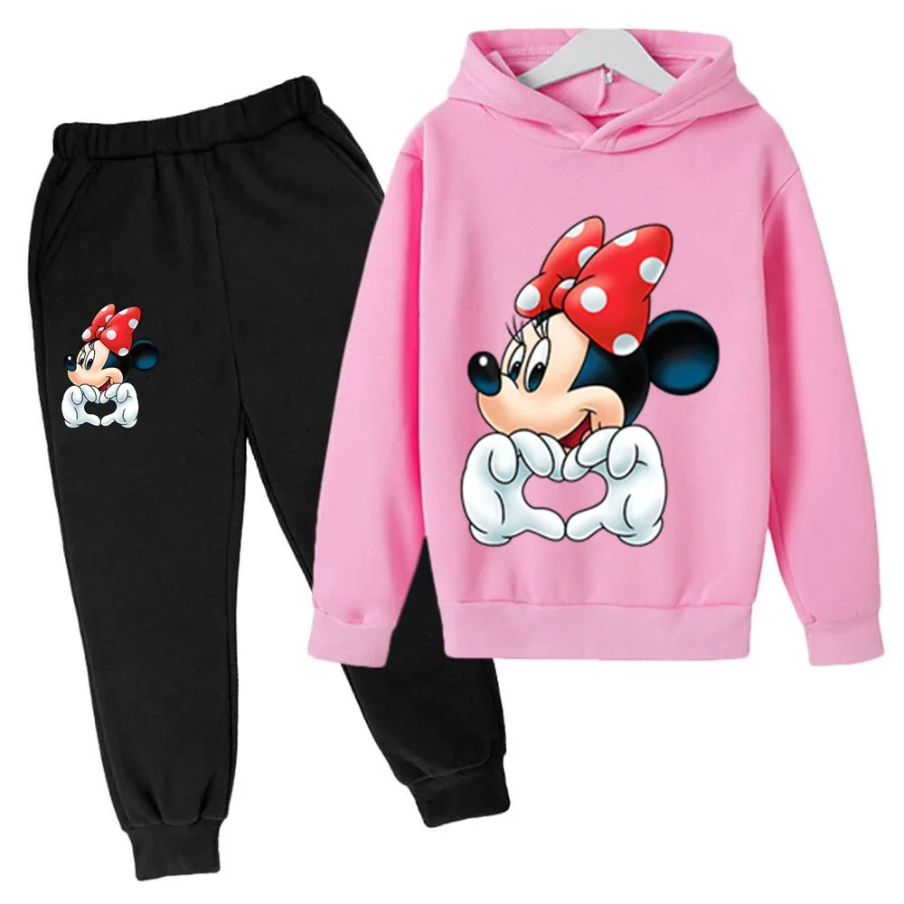 Disney Classic Mickey and Minnie Creative Print 3-14 Years Old Girls Suit Street Fashion Sweater + Pants Two-piece Harajuku Girl