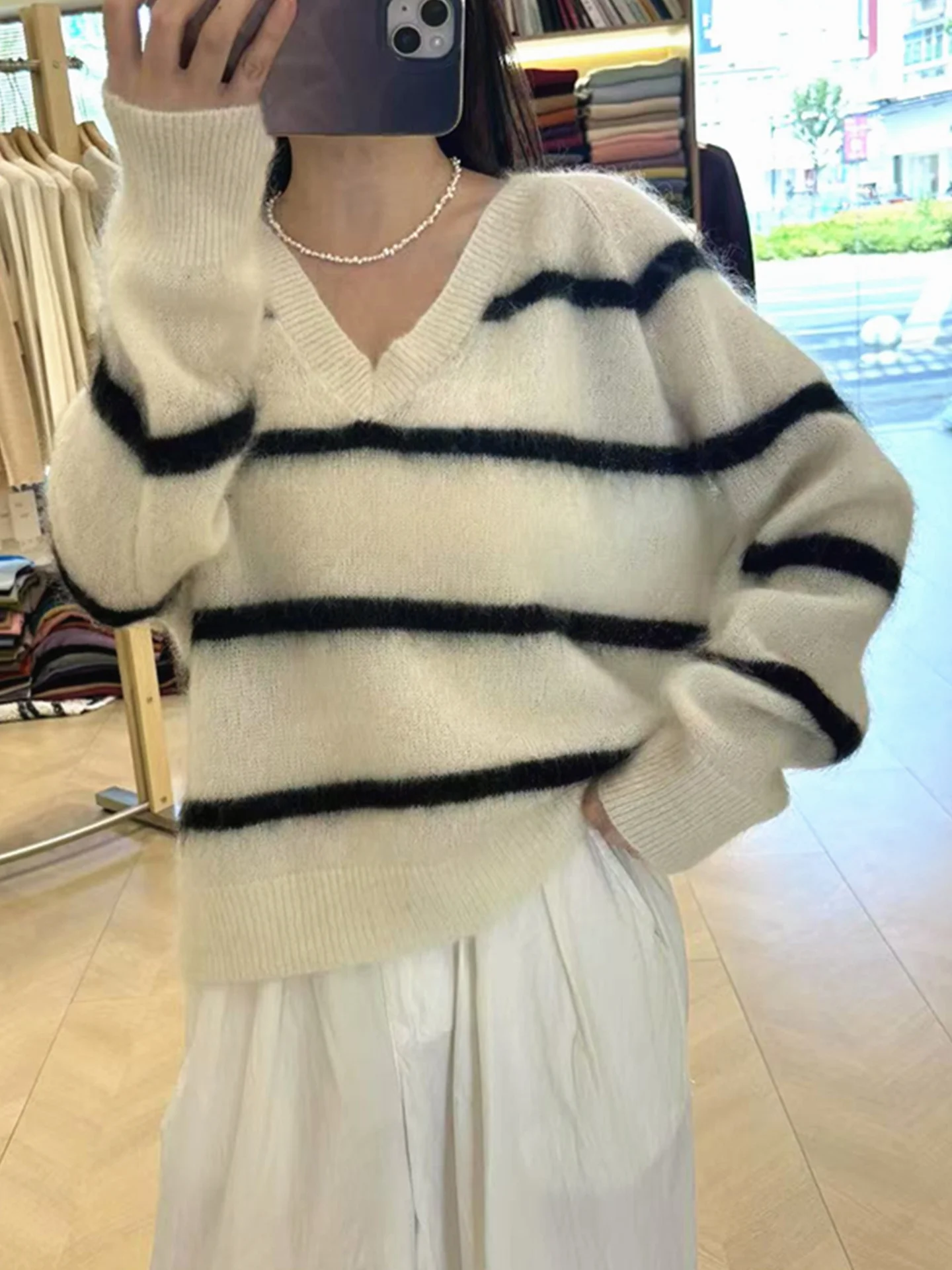 

Thiened Camere трикотаж V-Ne Long Sve женский свитер мягкий удобный осенне-зимний цветной полосатый топ