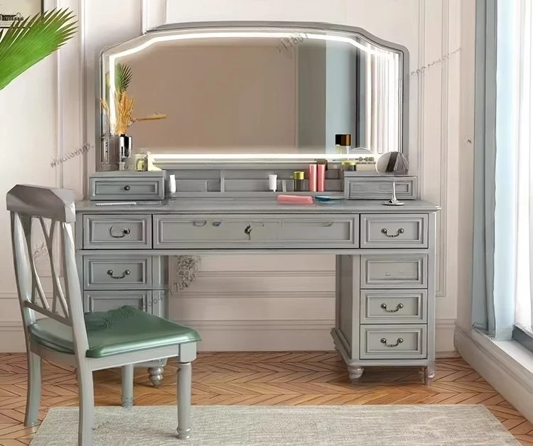 All solid wood  dresser premium gray large capacity light luxury smart large mirror with lamp