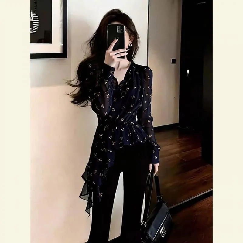 Unique Elegant Floral Print Shirt Women's Slim Fit Luxury Feel Spring Summer Fashionable V Neck Long Sleeve Breathable Polyester