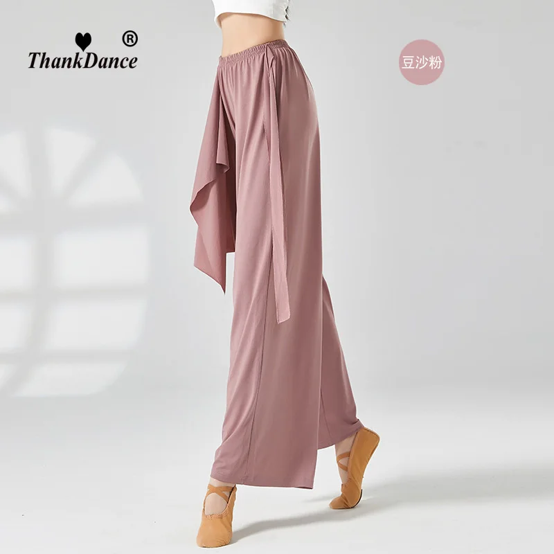 Lady's Fairy Classical Dance Pant Wide Leg Chiffon Flowy Pants With Long Belt Contrast Color Modern Dancer Practice Basic Wear