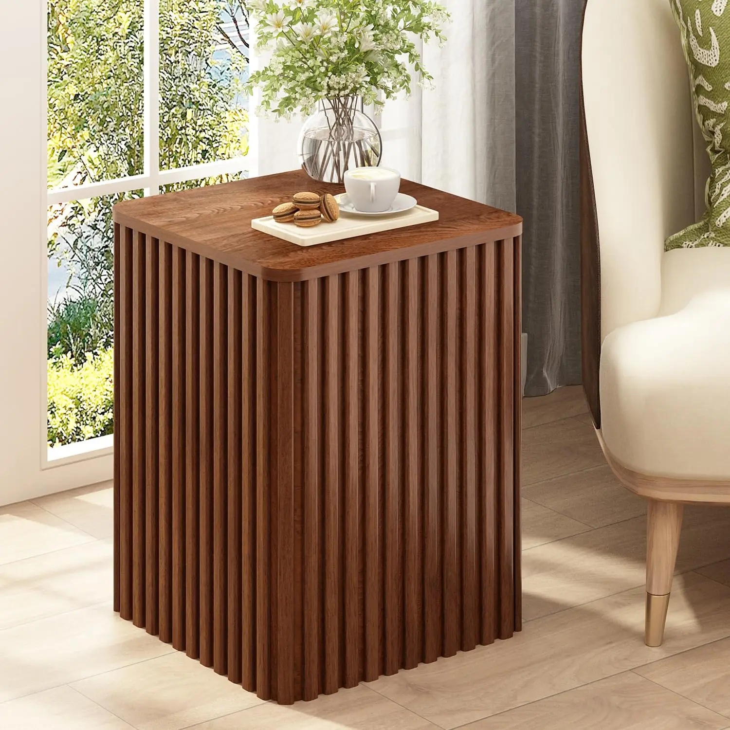 

Fluted Square End Table Storage Solid Wood Veneer Top Modern Farmhouse Pedestal Living Room Couch Rustic Brown, Customized